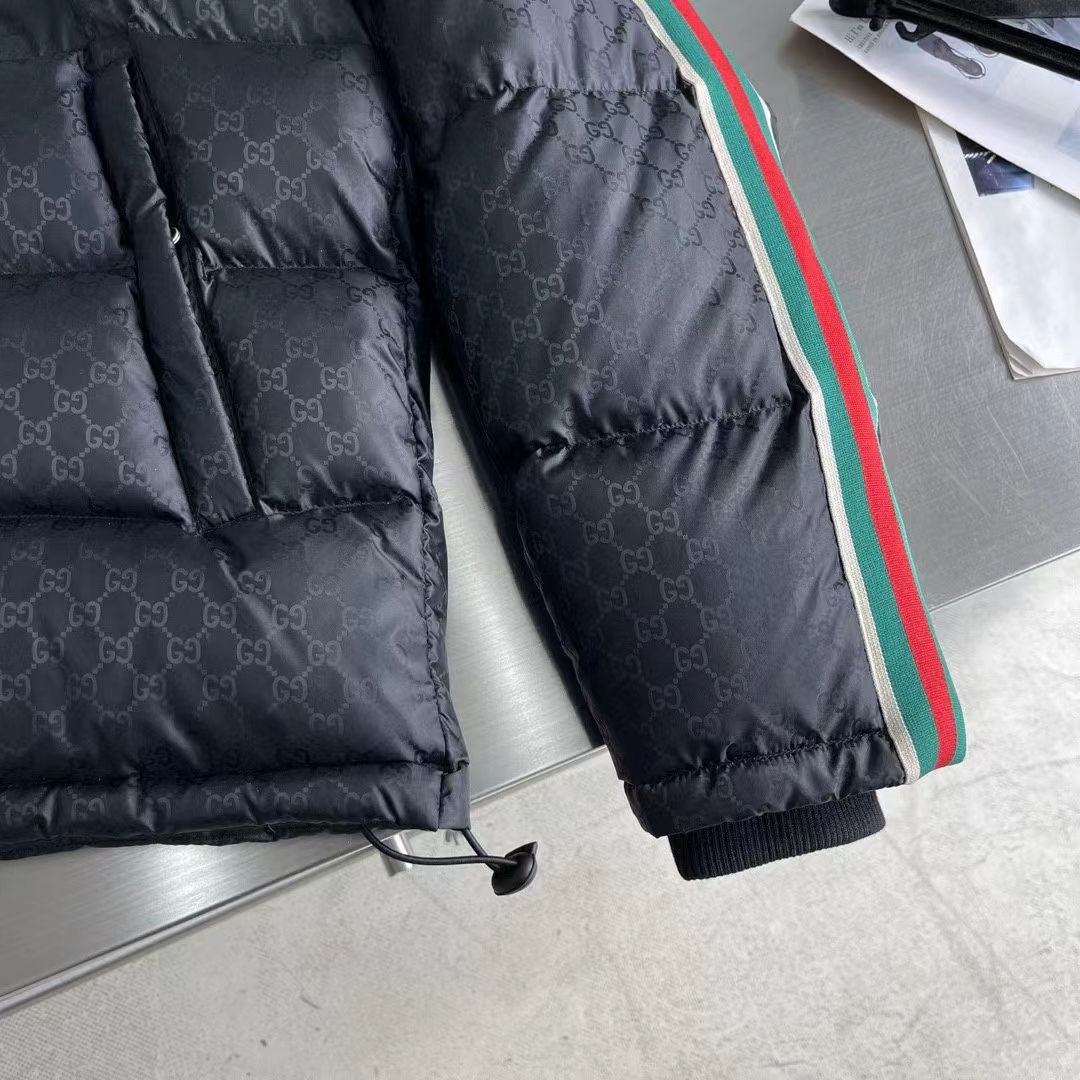 Gucci Men GG Nylon Jacquard Jacket Web Black Stripe Lined Fixed Hood Rib Cuffs (10)