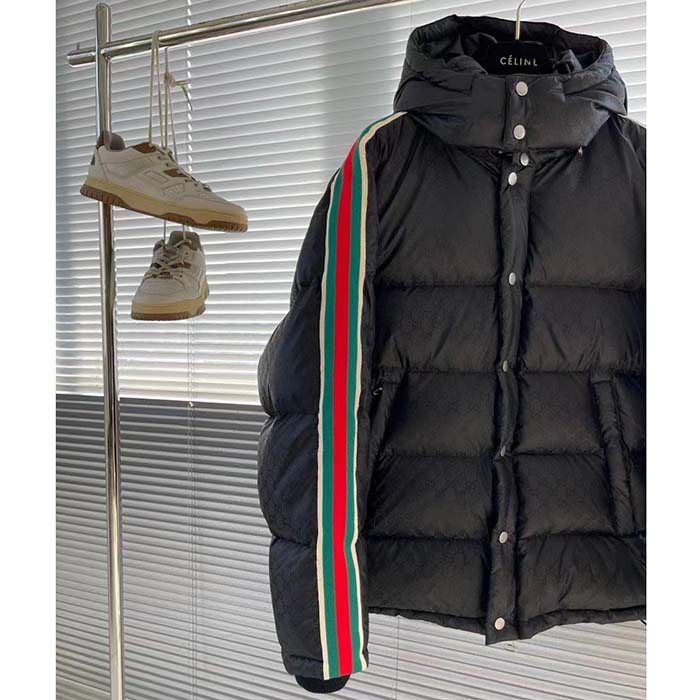 Gucci Men GG Nylon Jacquard Jacket Web Black Stripe Lined Fixed Hood Rib Cuffs (11)