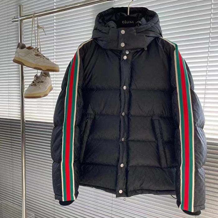 Gucci Men GG Nylon Jacquard Jacket Web Black Stripe Lined Fixed Hood Rib Cuffs (7)