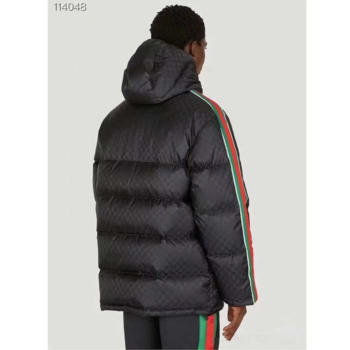 Gucci Men GG Nylon Jacquard Jacket Web Black Stripe Lined Fixed Hood Rib Cuffs (8)