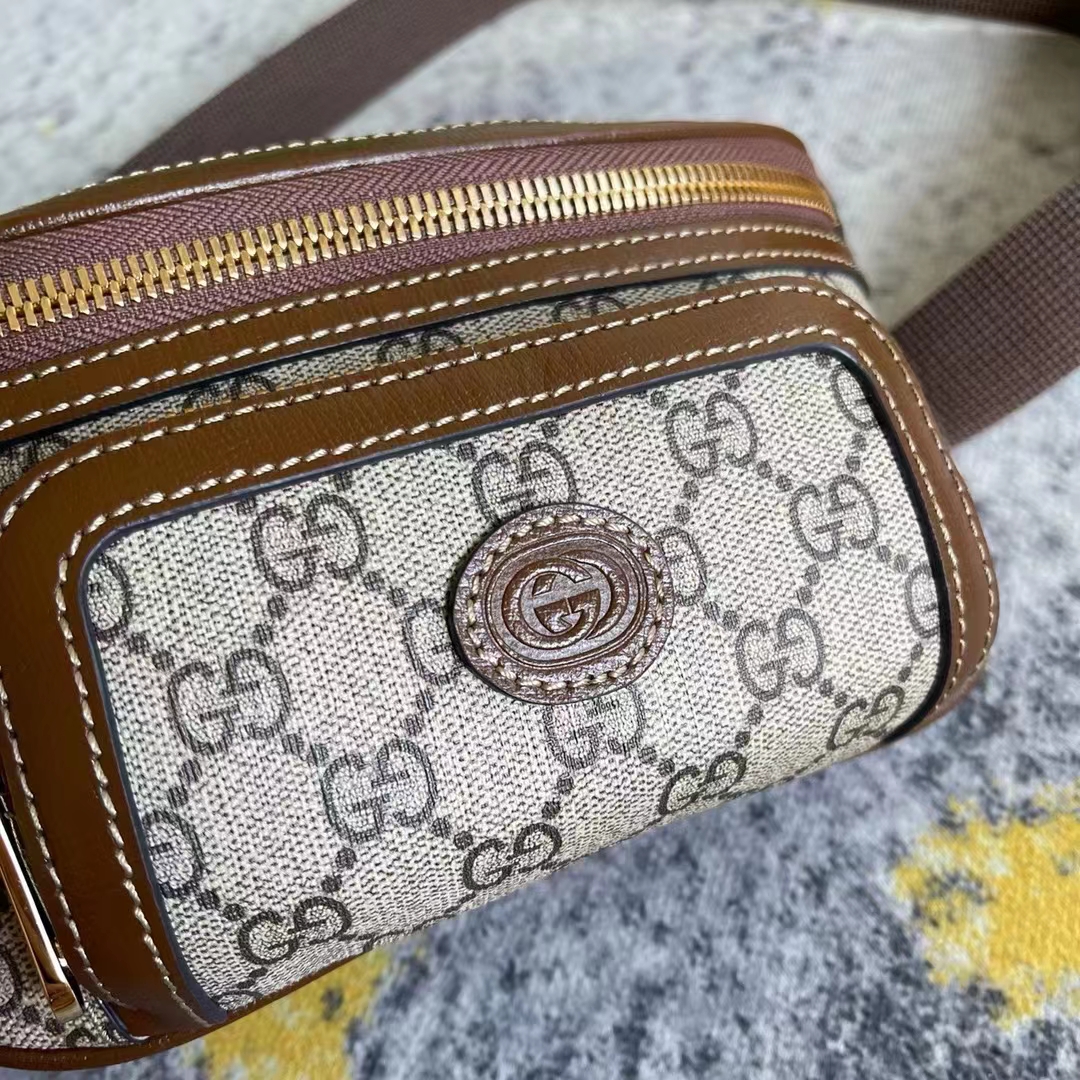 Gucci Unisex Belt Bag Interlocking G Beige Ebony GG Supreme Canvas Brown Leather (1)