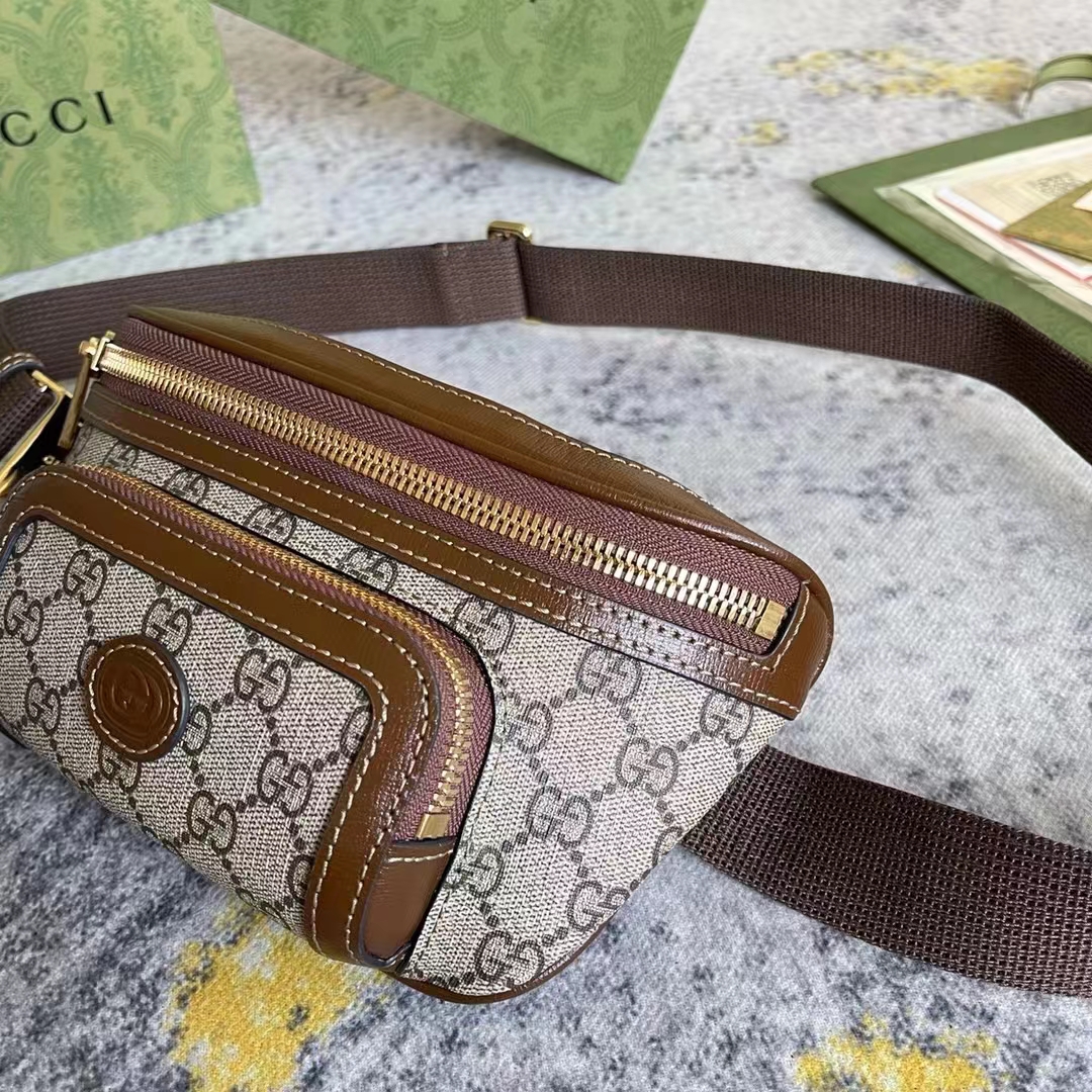 Gucci Unisex Belt Bag Interlocking G Beige Ebony GG Supreme Canvas Brown Leather (10)