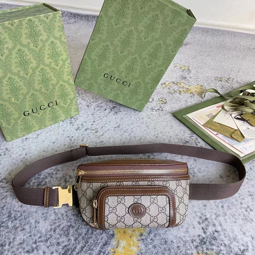 Gucci Unisex Belt Bag Interlocking G Beige Ebony GG Supreme Canvas Brown Leather (12)