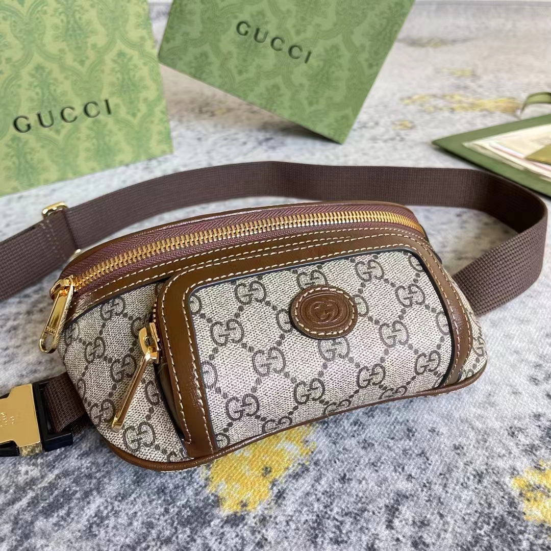 Gucci Unisex Belt Bag Interlocking G Beige Ebony GG Supreme Canvas Brown Leather (2)