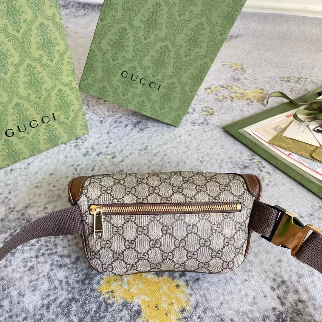 Gucci Unisex Belt Bag Interlocking G Beige Ebony GG Supreme Canvas Brown Leather (8)