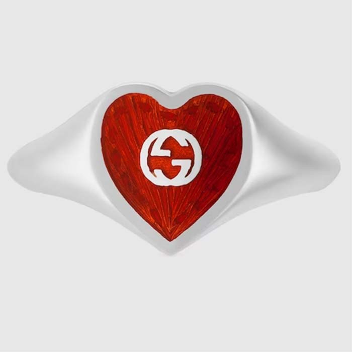 Gucci Unisex GG Heart Ring Interlocking G 925 Sterling Silver Red Enamel