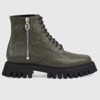 Gucci Unisex GG Leather Boot Dark Green Rubber Lug Sole Lace-Up Interlocking G Low-Heel (7)