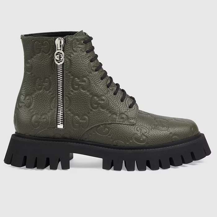 Gucci Unisex GG Leather Boot Dark Green Rubber Lug Sole Lace-Up Interlocking G Low-Heel