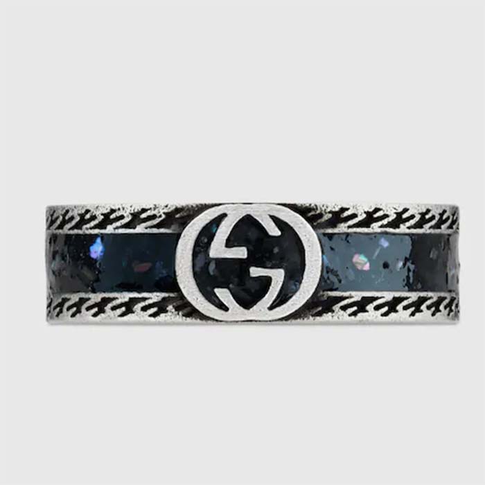 Gucci Unisex GG Ring Interlocking G 925 Sterling Silver Black Enamel Decorative Ridge