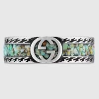 Gucci Unisex GG Ring Interlocking G 925 Sterling Silver Brown Turquoise Enamel Engraved Trim