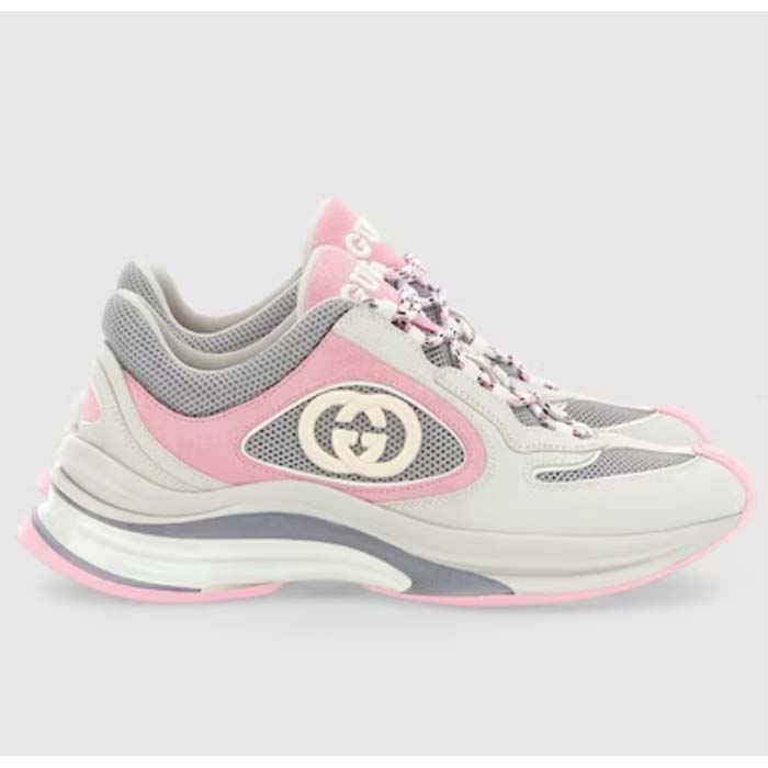 Gucci Unisex Run Sneaker Ivory Pink Suede Interlocking G Bi-Color Rubbe Low Heel