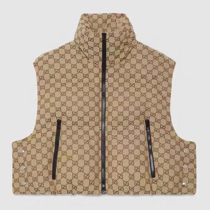 Gucci Women Canvas Padded Gilet GG Canvas Lined Concealed Hood High Neck Sleeveless