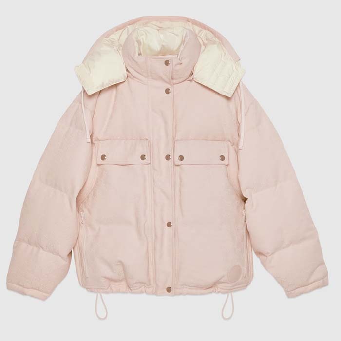 Gucci Women GG Cotton Canvas Puffer Jacket Light Pink GG Lined Interlocking G Two Front Pockets