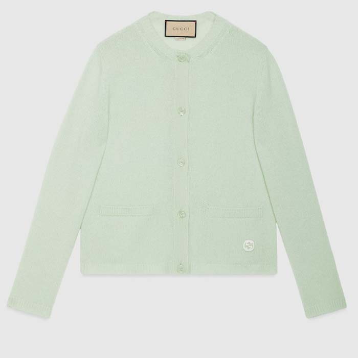 Gucci Women GG Fine Cashmere Cardigan Interlocking G Light Green Crewneck Long Sleeves