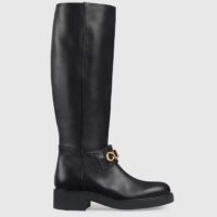 Gucci Women GG Gucci Boot Black Leather Script Rubber Sole Side Zip Closure Flat (7)