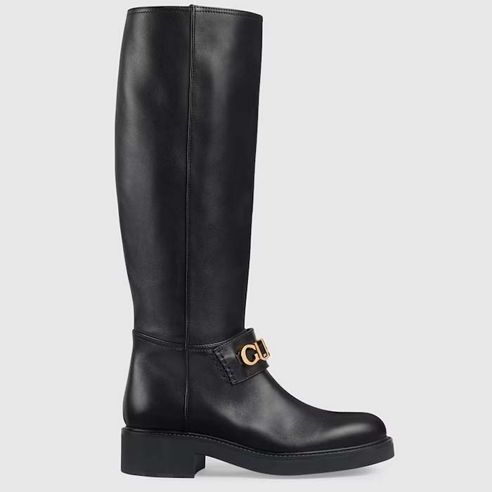 Gucci Women GG Gucci Boot Black Leather Script Rubber Sole Side Zip Closure Flat