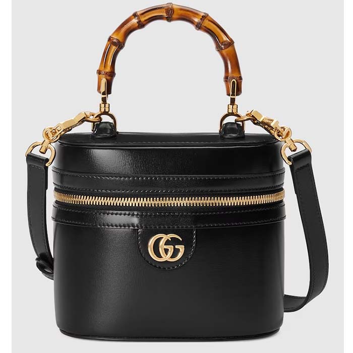 Gucci Women GG Mini Bamboo Shoulder Bag Black Leather Bamboo Handle Double G