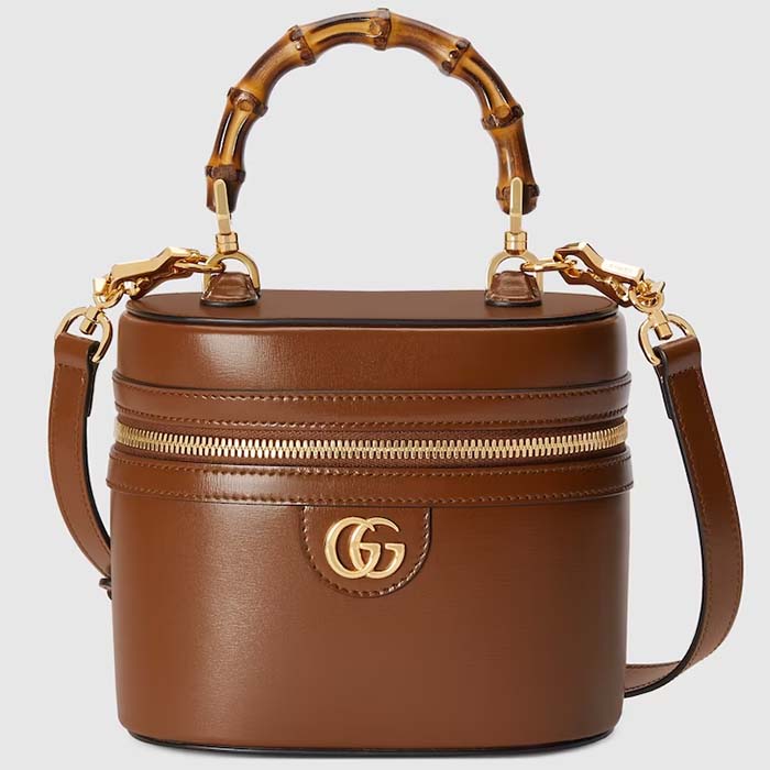 Gucci Women GG Mini Bamboo Shoulder Bag Brown Leather Bamboo Handle Double G