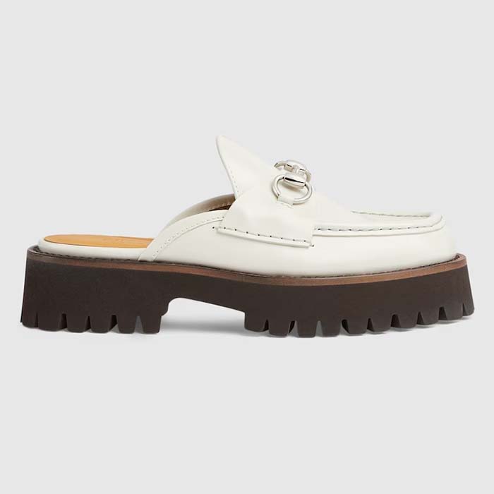 Gucci Women GG Mule Horsebit White Leather Rubber Lug Sole Flat