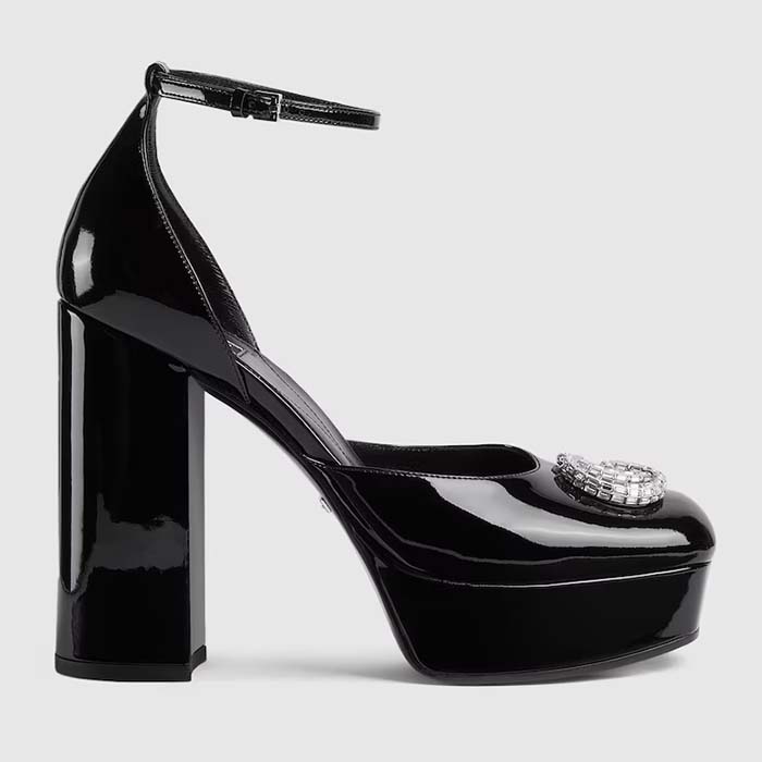 Gucci Women GG Platform Pump Double G Black Patent Leather Crystals High Heel