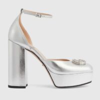 Gucci Women GG Platform Pump Double G Metallic Silver Patent Leather Crystals High Heel (2)