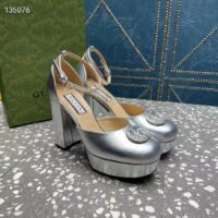 Gucci Women GG Platform Pump Double G Metallic Silver Patent Leather Crystals High Heel (2)