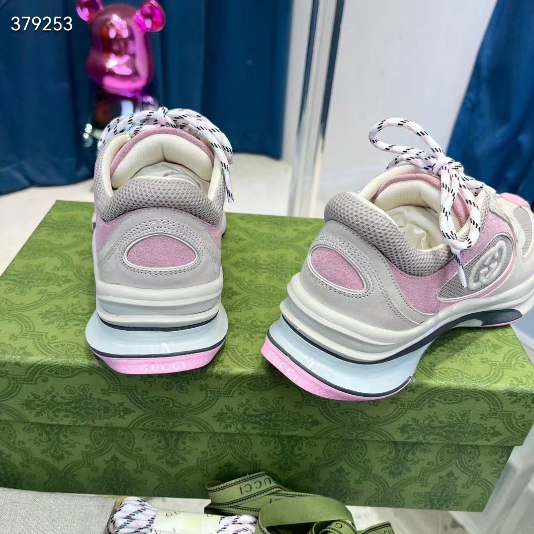 Gucci Women GG Run Sneaker Ivory Pink Suede Interlocking G Bi-Color Rubber Lace-Up Low-Heel (4)
