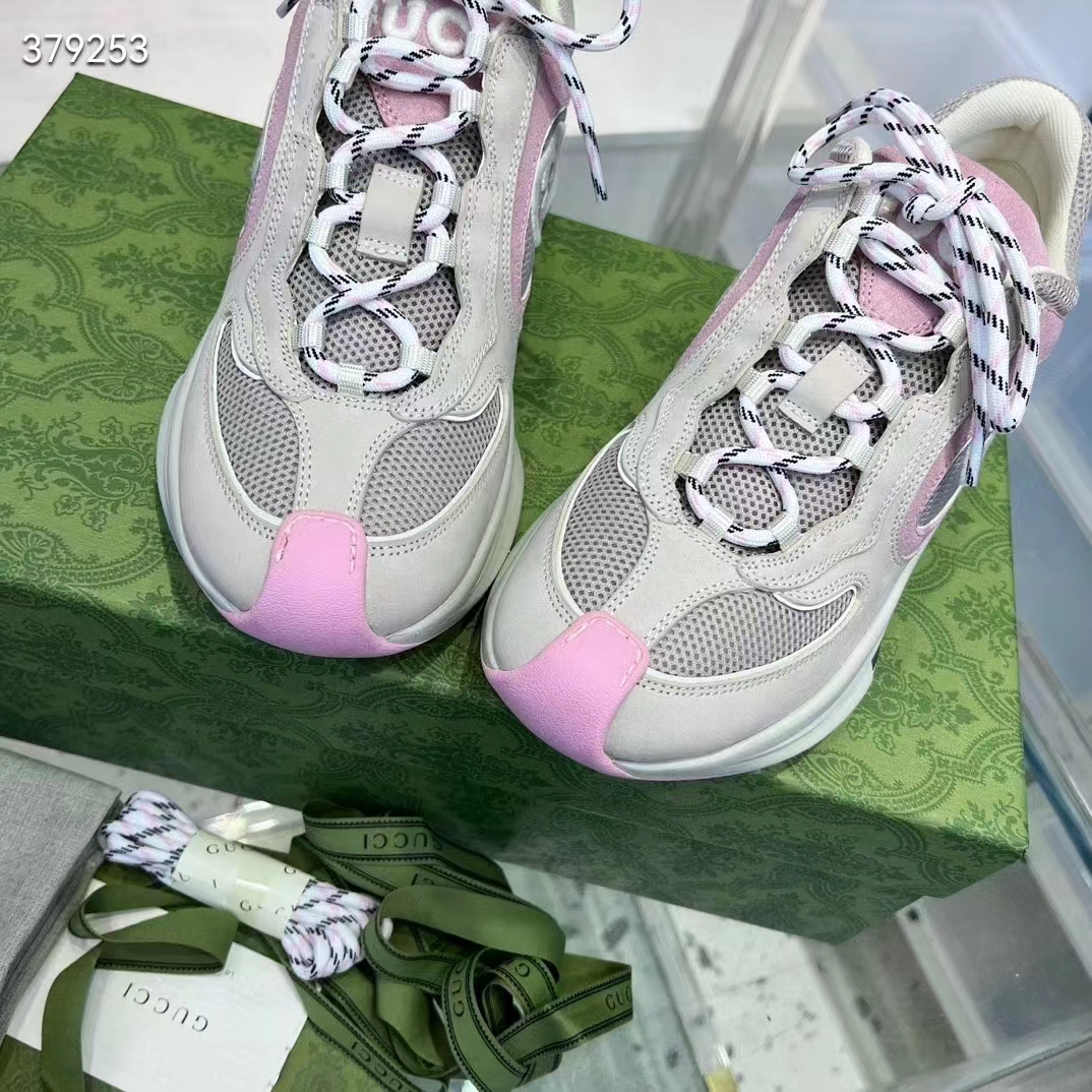 Gucci Women GG Run Sneaker Ivory Pink Suede Interlocking G Bi-Color Rubber Lace-Up Low-Heel (5)