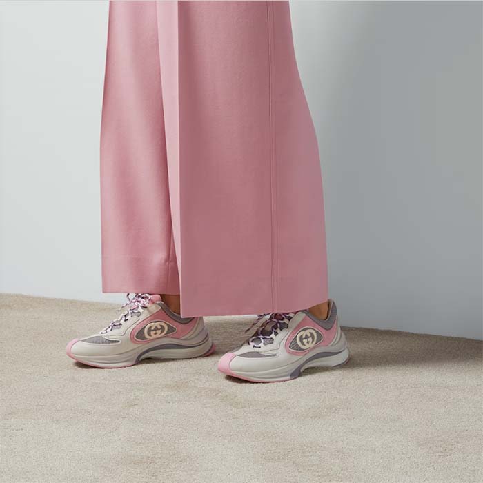 Gucci Women GG Run Sneaker Ivory Pink Suede Interlocking G Bi-Color Rubber Lace-Up Low-Heel (8)
