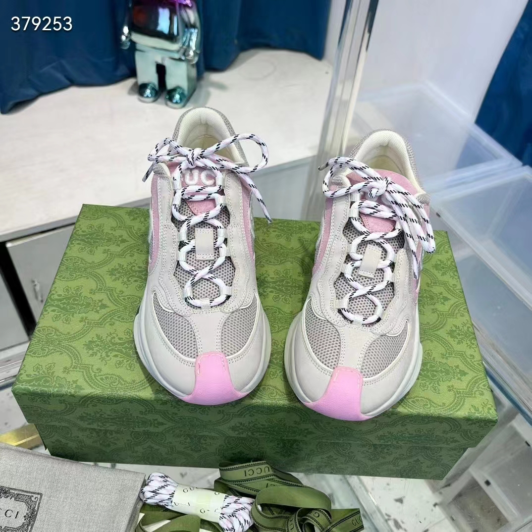 Gucci Women GG Run Sneaker Ivory Pink Suede Interlocking G Bi-Color Rubber Lace-Up Low-Heel (9)