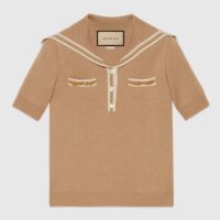 Gucci Women GG Wool Polo Shirt Horsebit Camel Wool Sailor Collar Two Front Pockets Short Sleeves (8)