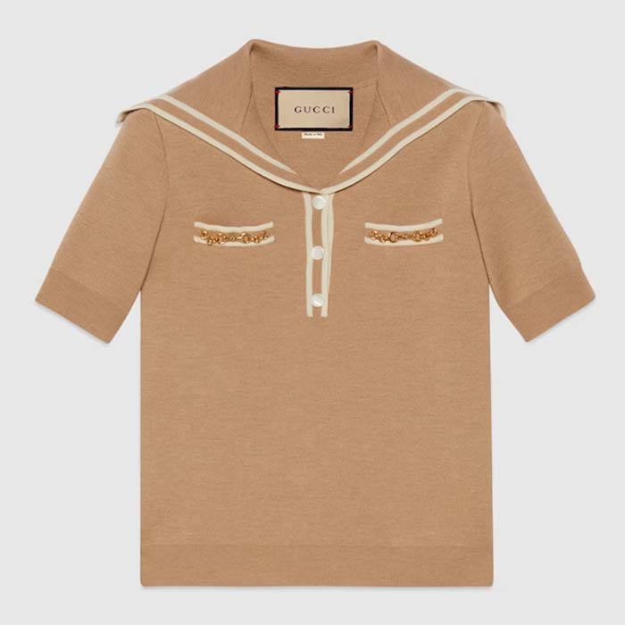 Gucci Women GG Wool Polo Shirt Horsebit Camel Wool Sailor Collar Two Front Pockets Short Sleeves