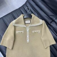 Gucci Women GG Wool Polo Shirt Horsebit Camel Wool Sailor Collar Two Front Pockets Short Sleeves (8)