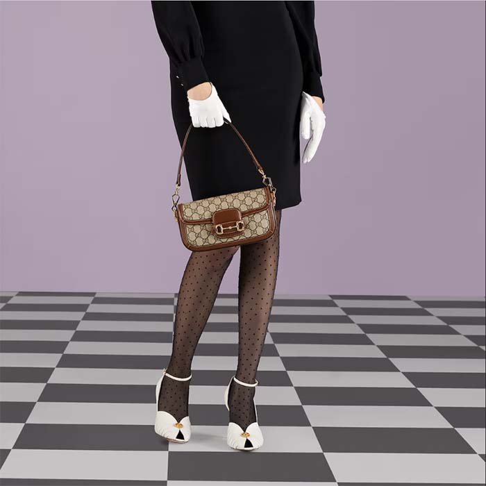 Gucci Women Horsebit 1955 Shoulder Bag Beige Ebony GG Supreme Canvas Brown Leather (4)