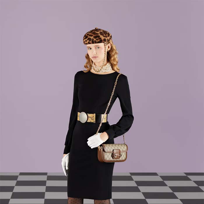 Gucci Women Horsebit 1955 Shoulder Bag Beige Ebony GG Supreme Canvas Brown Leather (9)