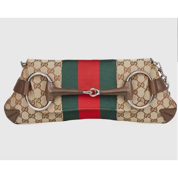 Gucci Women Horsebit Chain Medium Shoulder Bag Beige Ebony Original GG Canvas