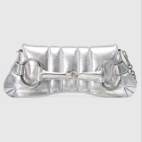 Gucci Women Horsebit Chain Medium Shoulder Bag Silver Metallic Quilted Leather Maxi Horsebit (7)