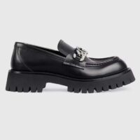 Gucci Women Lug Sole Loafer Black Leather Interlocking G Chain Rubber Flat (2)