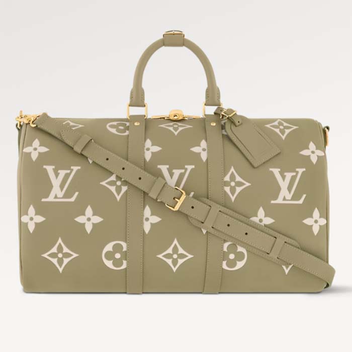 Louis Vuitton LV Unisex Keepall Bandoulière 45 Kaki Fango Cream Monogram Empreinte Embossed Cowhide Leather