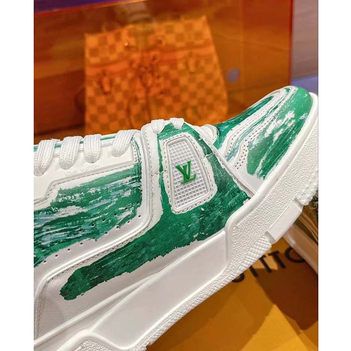 Louis Vuitton LV Unisex Trainer Sneaker Green Printed Calf Leather Rubber Outsole Monogram Flowers (10)