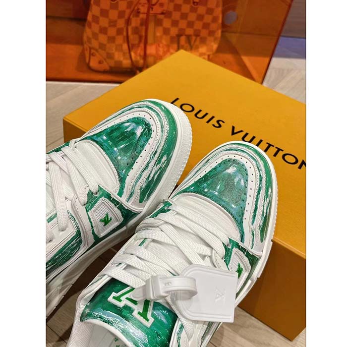 Louis Vuitton LV Unisex Trainer Sneaker Green Printed Calf Leather Rubber Outsole Monogram Flowers (12)