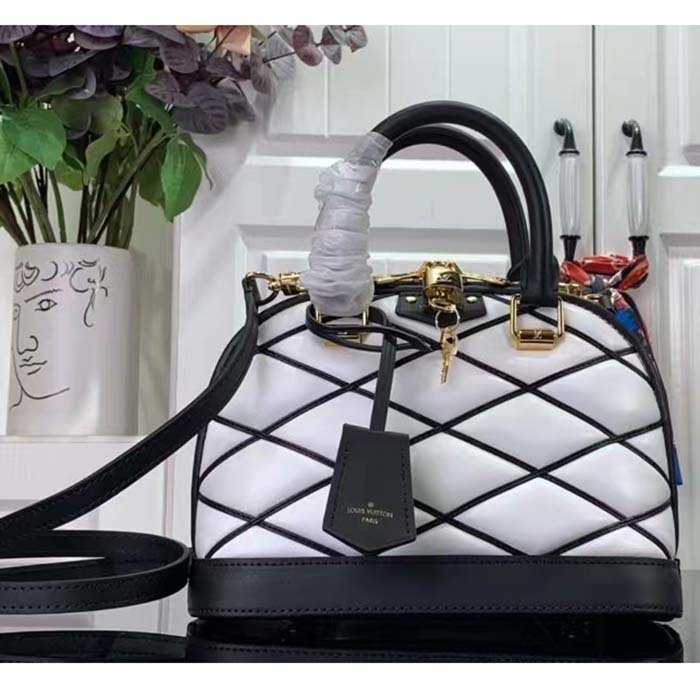 Louis Vuitton LV Women Alma BB Handbag White Black Lamb Cowhide Leather (5)
