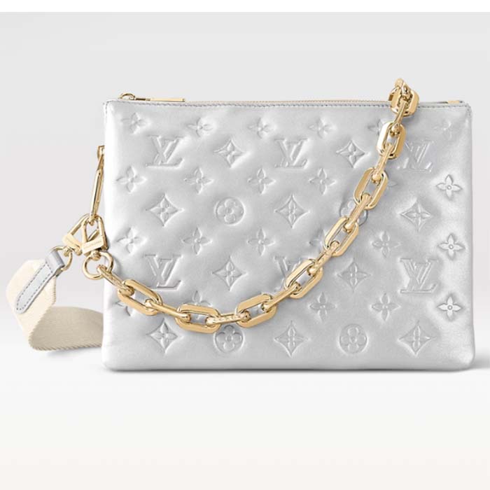 Louis Vuitton LV Women Coussin PM Handbag Silver Lambskin Cowhide Lining Zip Closure