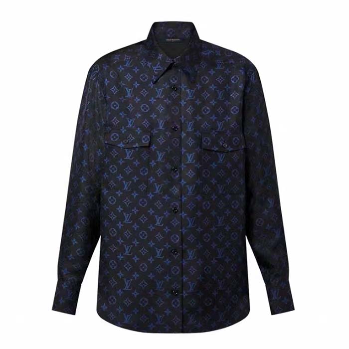 Louis Vuitton LV Women LV Monogram Silk Pleated Shirt Silk Navy