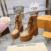 Louis Vuitton LV Women Laureate Platform Desert Boot Beige Monogram Wool Leather Laces Treaded Rubber (3)