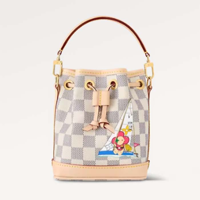 Louis Vuitton LV Women Nano Noé Bucket Bag Dragon Fruit Pink Damier Azur Coated Canvas