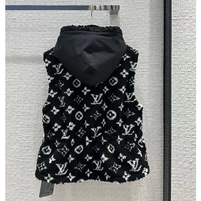 Louis Vuitton LV Women Sleeveless Hooded Monogram Teddy Jacket Acrylic Wool Black White (4)