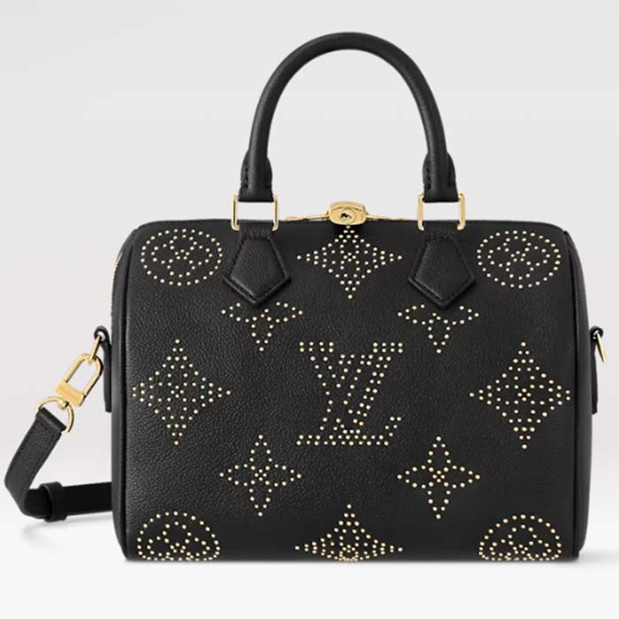 Louis Vuitton LV Women Speedy Bandoulière 25 Handbag Black Monogram Empreinte Grained Cowhide Leather Studs