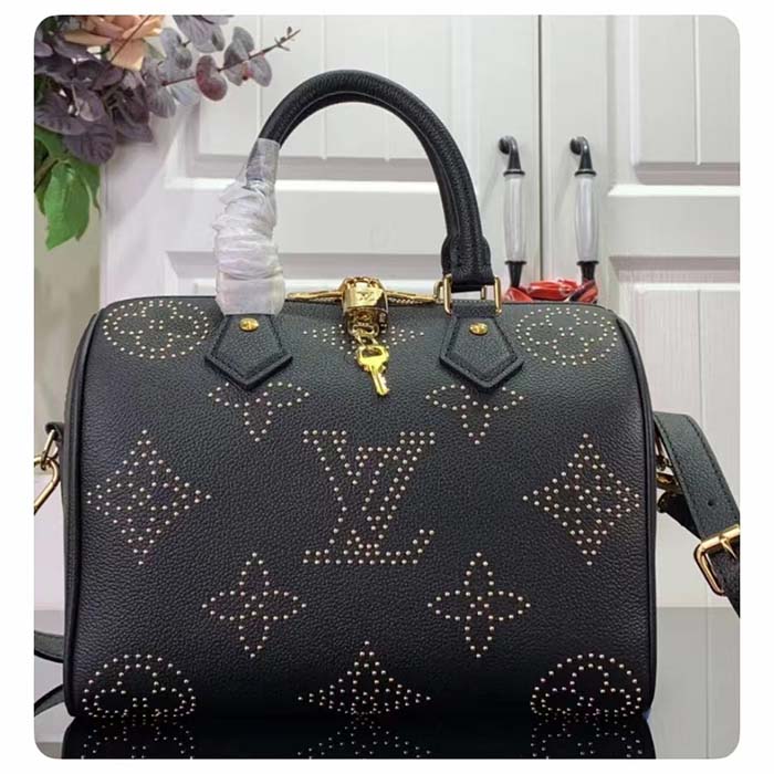 Louis Vuitton LV Women Speedy Bandoulière 25 Handbag Black Monogram Empreinte Grained Cowhide Leather Studs (3)