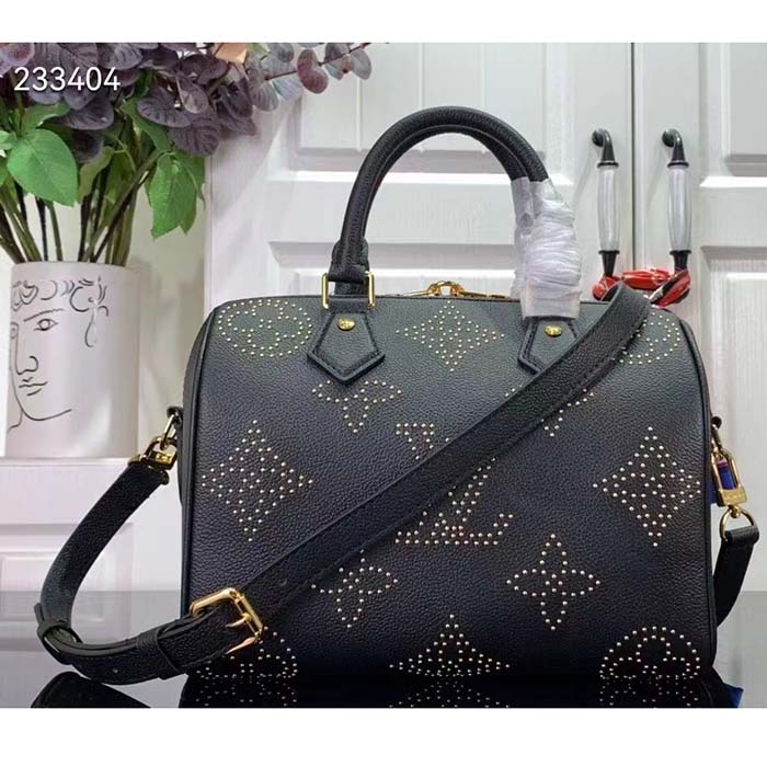 Louis Vuitton LV Women Speedy Bandoulière 25 Handbag Black Monogram Empreinte Grained Cowhide Leather Studs (7)